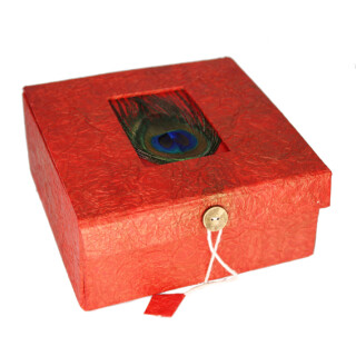 Faltschachtel mit Pfauenfeder rot 16*16*7cm