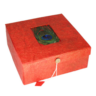 Faltschachtel mit Pfauenfeder rot 21*21*9cm