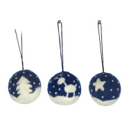 Filz H&auml;nger 3er Set Kugeln Baum/Stern/Rentier blau