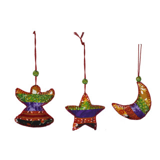 3er Set H&auml;nger aus Sari-Stoff Engel/Stern/Mond