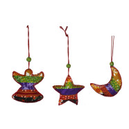 3er Set H&auml;nger aus Sari-Stoff Engel/Stern/Mond